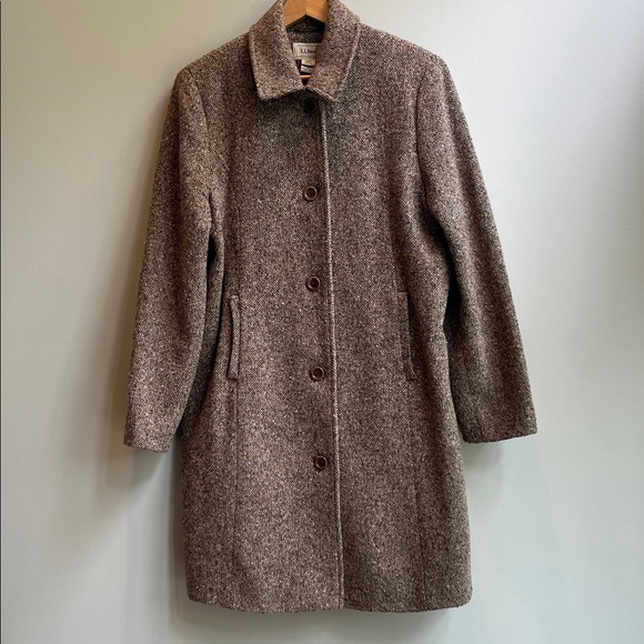 LL Bean Wool Blend Lined Tweed Flecked Coat Classic Mid Length Heathered - Picture 1 of 15